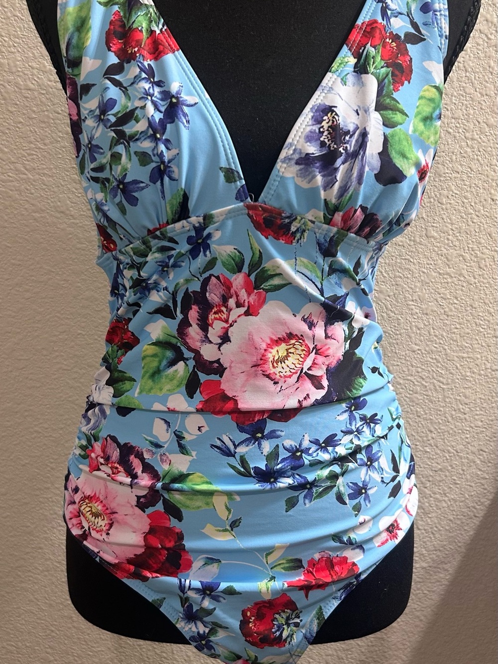 Floral Blue One-Piece Swimsuit with Deep V